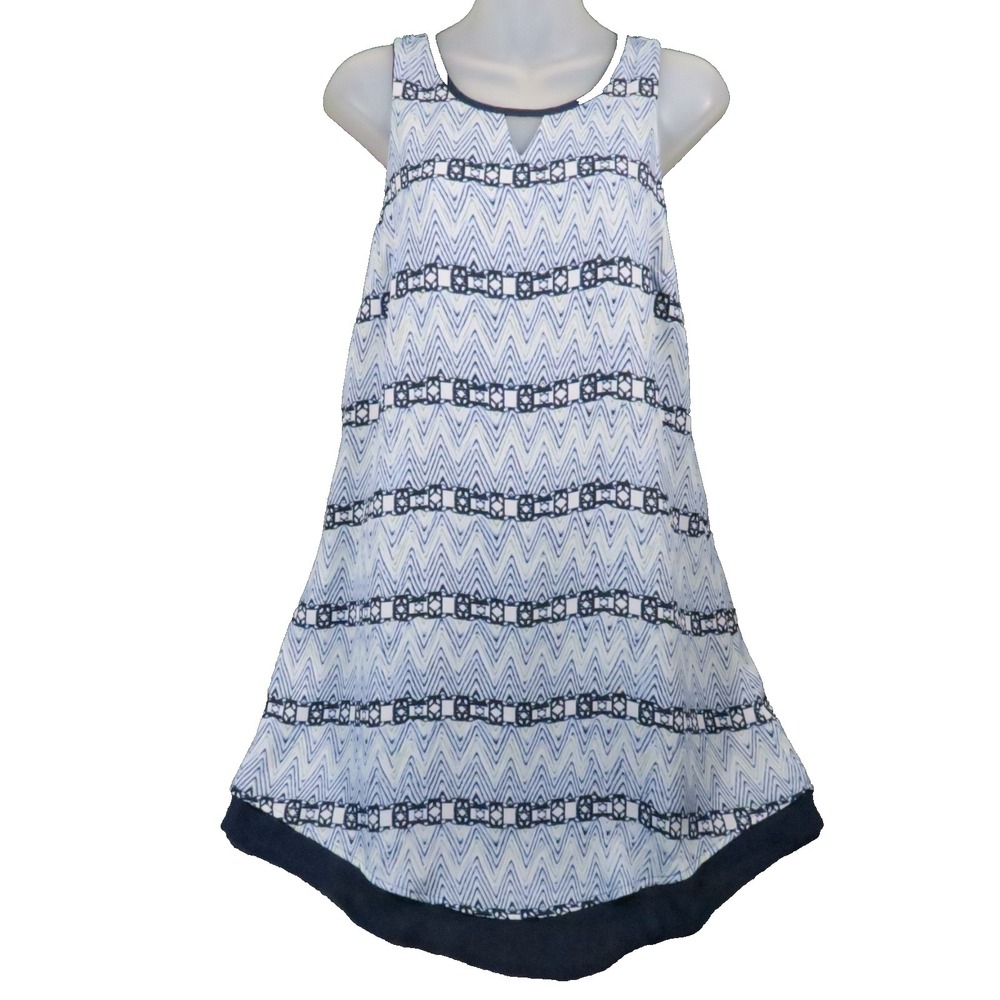 Teeze Me Shift Dress M Blue White Chevron Geometric Sleeveless 90s Vtg USA Indie